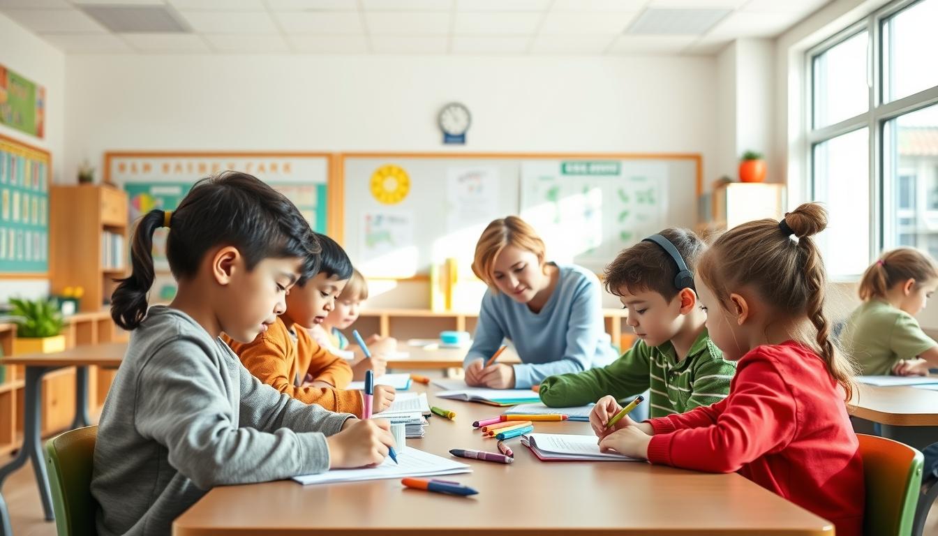 Students studying together in modern classroom